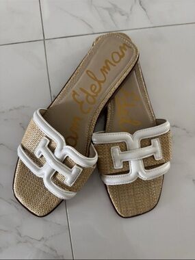 Sam Edelman White and Natural Raffia Slide Mules